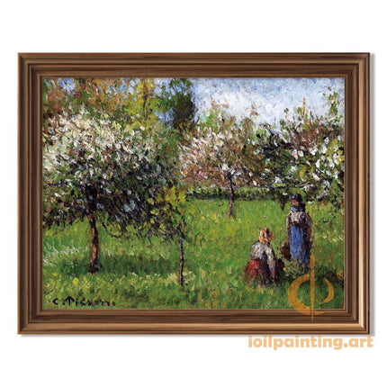 "Camille Pissarro's 'Spring Orchard with Figures' - Hand-Painted Impressionist Oil Painting Reproduction"