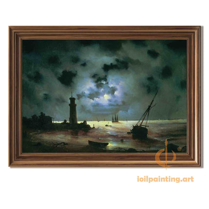 "Ivan Aivazovsky's 'Moonlit Seascape with Lighthouse and Sailboats' - Hand-Painted Oil Painting Reproduction"