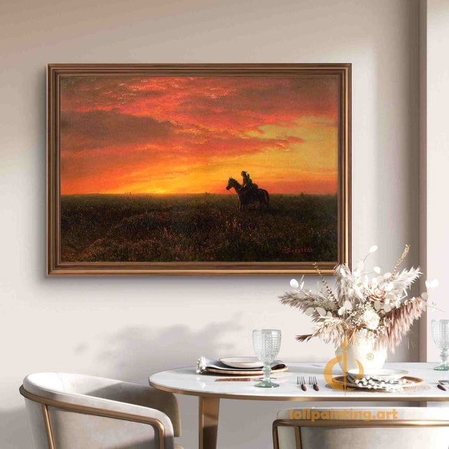 "Albert Bierstadt's 'Sunset Rider' - Hand-Painted Western Landscape Oil Painting Reproduction"