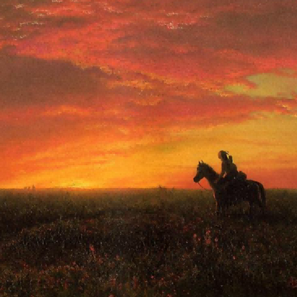 "Albert Bierstadt's 'Sunset Rider' - Hand-Painted Western Landscape Oil Painting Reproduction"