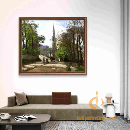 "Camille Pissarro's 'Country Path with Church Spire' - Hand-Painted Impressionist Oil Painting Reproduction"