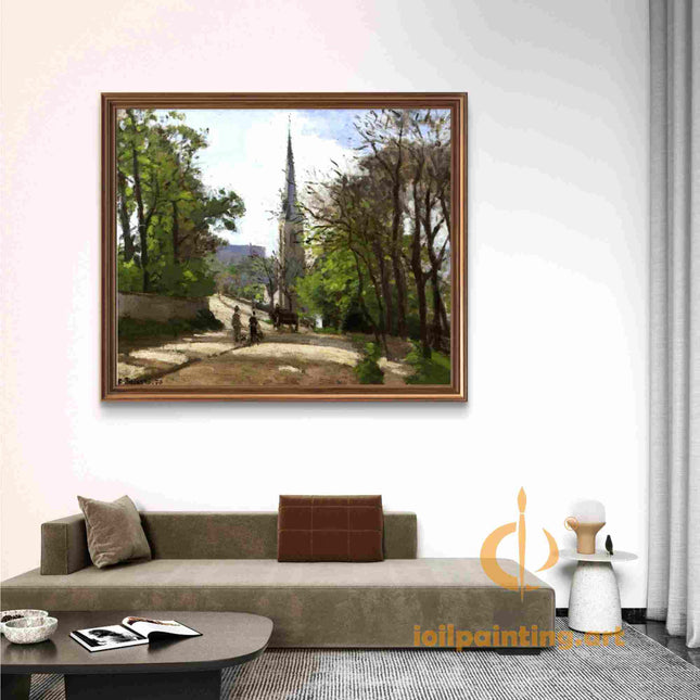 "Camille Pissarro's 'Country Path with Church Spire' - Hand-Painted Impressionist Oil Painting Reproduction"
