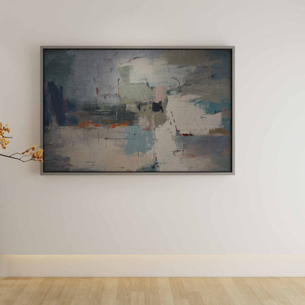 "Emotional Tides" Abstract Oil Painting - Modern Gray & White Canvas Art with Vibrant Blue & Orange Accents