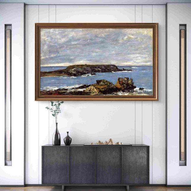 "Eugène Boudin's 'Serene Coastal Landscape with Rocky Island' - Hand-Painted Oil Painting Reproduction"