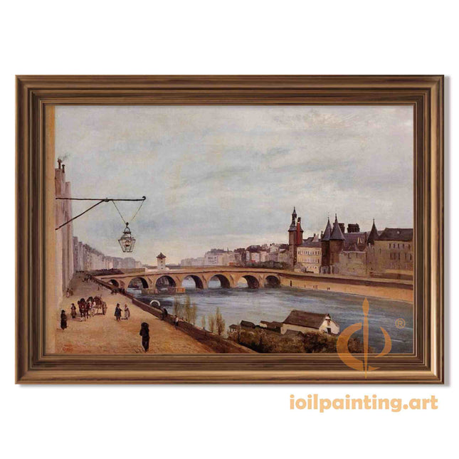 "Camille Corot's 'Elegant Bridge Over Serene River' - Hand-Painted Oil Painting Reproduction"