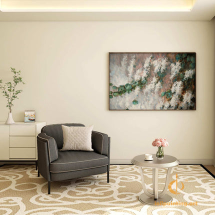 "Abstract Floral Oil Painting - Elegant White Blossoms & Green Leaves | Handmade Canvas Wall Art for Modern Interiors"