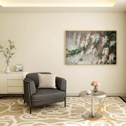 "Abstract Floral Oil Painting - Elegant White Blossoms & Green Leaves | Handmade Canvas Wall Art for Modern Interiors"