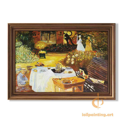 "Claude Monet Style Garden Tea Party Oil Painting - Impressionist Floral Scene Reproduction"