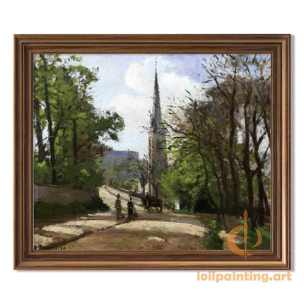 "Camille Pissarro's 'Country Path with Church Spire' - Hand-Painted Impressionist Oil Painting Reproduction"