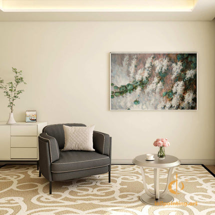 "Abstract Floral Oil Painting - Elegant White Blossoms & Green Leaves | Handmade Canvas Wall Art for Modern Interiors"