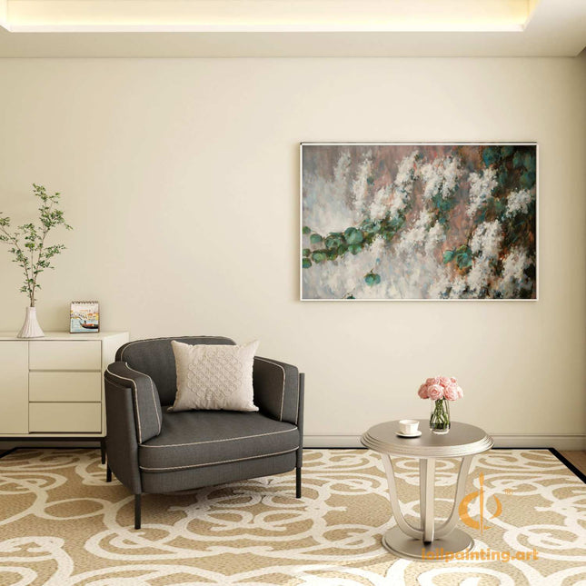 "Abstract Floral Oil Painting - Elegant White Blossoms & Green Leaves | Handmade Canvas Wall Art for Modern Interiors"