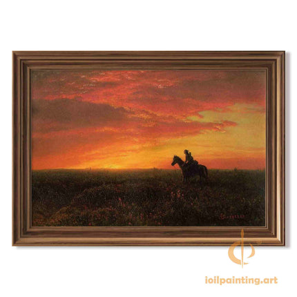 "Albert Bierstadt's 'Sunset Rider' - Hand-Painted Western Landscape Oil Painting Reproduction"