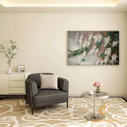 "Abstract Floral Oil Painting - Elegant White Blossoms & Green Leaves | Handmade Canvas Wall Art for Modern Interiors"