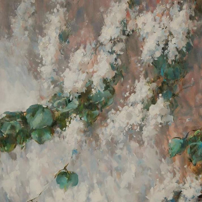 "Abstract Floral Oil Painting - Elegant White Blossoms & Green Leaves | Handmade Canvas Wall Art for Modern Interiors"