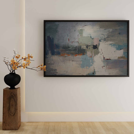 "Emotional Tides" Abstract Oil Painting - Modern Gray & White Canvas Art with Vibrant Blue & Orange Accents