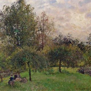 "Camille Pissarro's 'Figures Resting Under Shady Trees' - Hand-Painted Impressionist Oil Painting Reproduction"