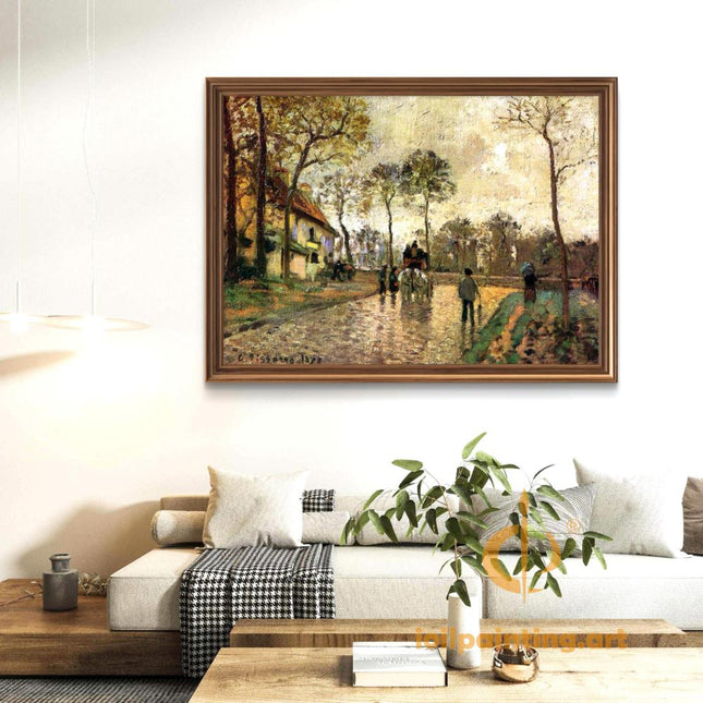 "Camille Pissarro's 'Village Street with Horse-Drawn Carriage' - Hand-Painted Impressionist Oil Painting Reproduction"