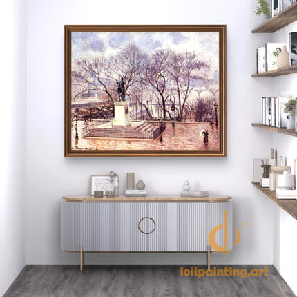 "Camille Pissarro's 'Equestrian Statue in Winter Park' - Hand-Painted Oil Painting Reproduction"
