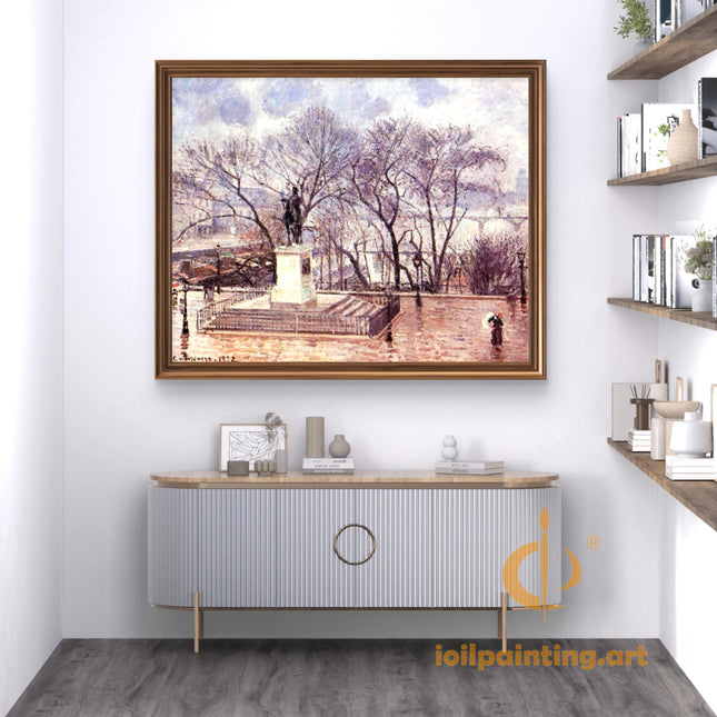 "Camille Pissarro's 'Equestrian Statue in Winter Park' - Hand-Painted Oil Painting Reproduction"