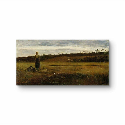 "Camille Pissarro's 'Solitary Figure in Golden Fields' - Hand-Painted Impressionist Oil Painting Reproduction"