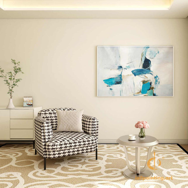 "Modern Abstract Oil Painting in Cool Tones - Serene Blue & White Contemporary Wall Art | Handmade Canvas Decor"