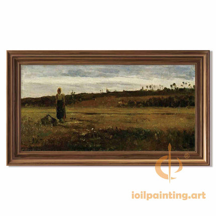 "Camille Pissarro's 'Solitary Figure in Golden Fields' - Hand-Painted Impressionist Oil Painting Reproduction"