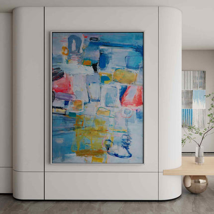 "Handmade Abstract Oil Painting - Vibrant Blue & Warm Tones - Modern Wall Art for Living Room & Bedroom Decor"