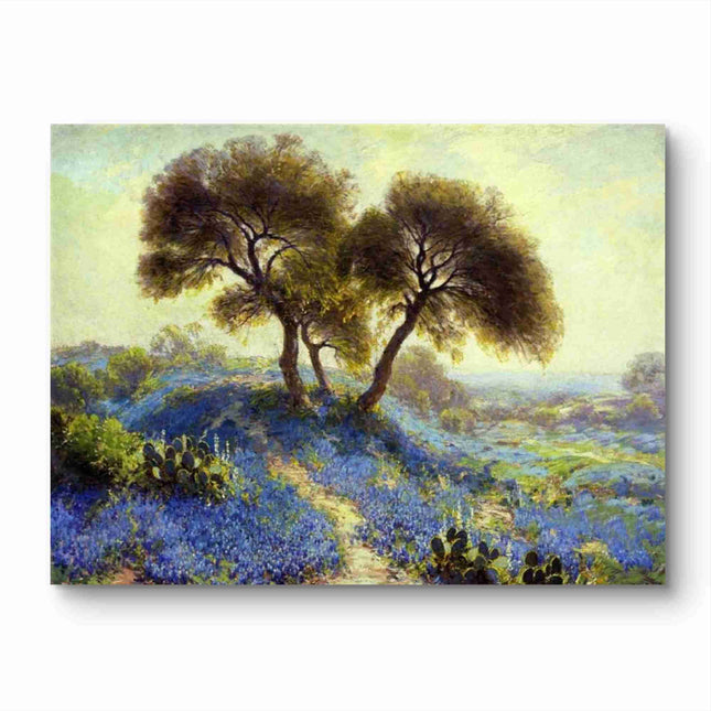 "Bluebonnet Field with Twin Trees - Hand-Painted Impressionist Landscape Oil Painting - Serene Nature Wall Art"