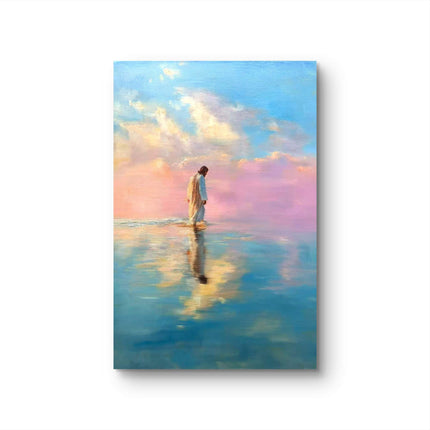 Abstract Jesus Walking on Water Oil Painting - Spiritual Christian Art - Blue and Purple Serene Landscape Canvas