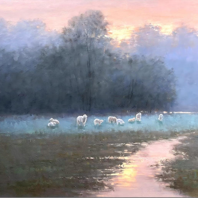 Sunset Meadow Oil Painting with Sheep - Pastoral Landscape Art - Serene Countryside Scene for Wall Decor