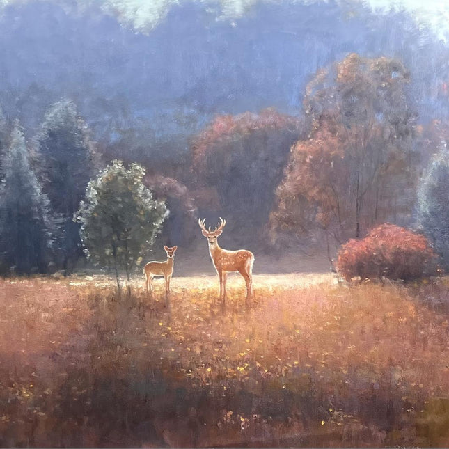 Enchanted Stag and Fawn Oil Painting - Golden Hour Wildlife Art - Serene Forest Meadow Canvas for Rustic Decor