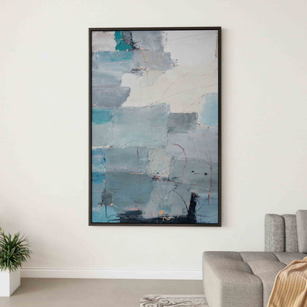 "Oceanic Reverie" Abstract Oil Painting - Modern Blue & Gray Textured Wall Art with Warm Accents