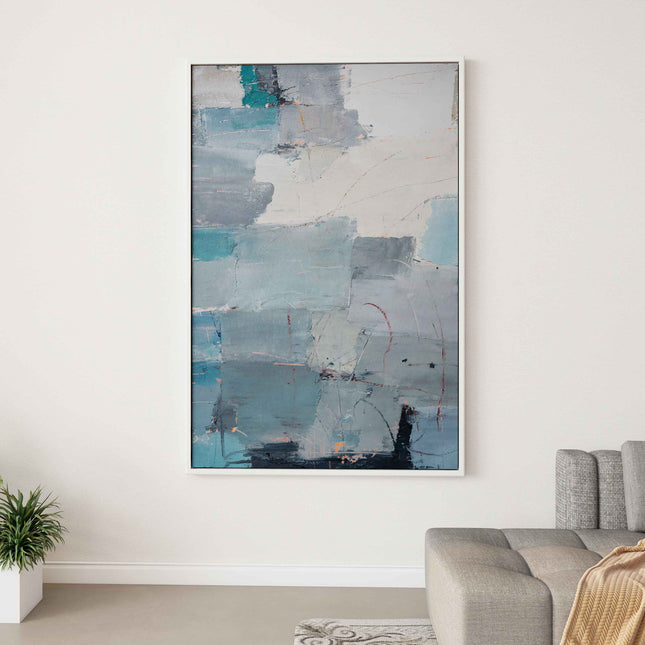 "Oceanic Reverie" Abstract Oil Painting - Modern Blue & Gray Textured Wall Art with Warm Accents