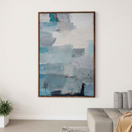 "Oceanic Reverie" Abstract Oil Painting - Modern Blue & Gray Textured Wall Art with Warm Accents