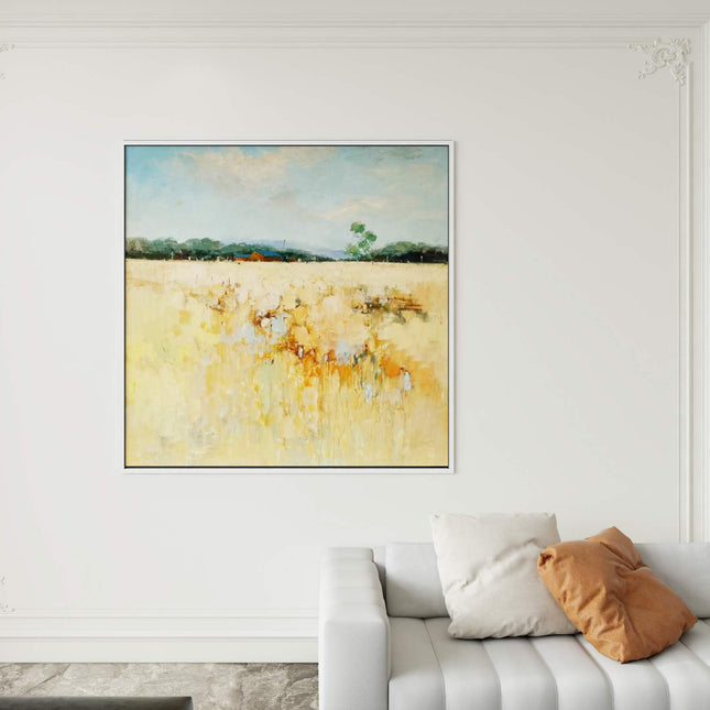 "Sun-Kissed Fields & Blue Cottage - Handmade Abstract Oil Painting - Serene Landscape Wall Art for Home Decor"