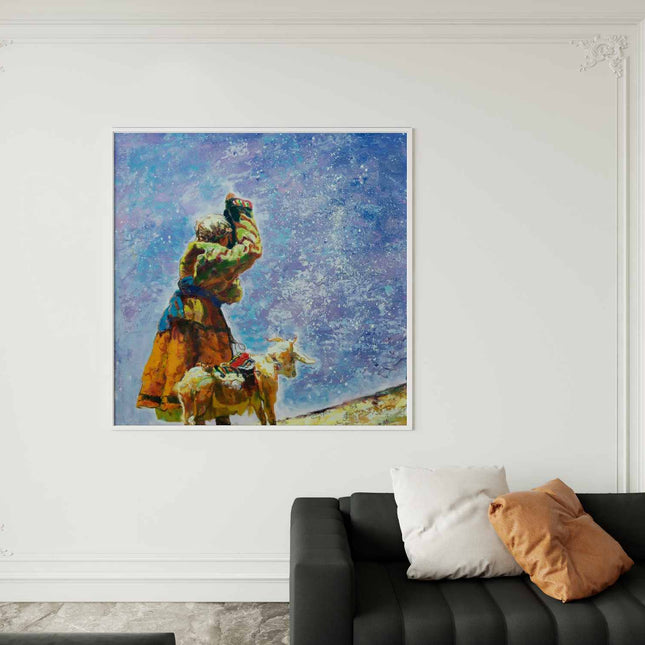 "Pastoral Serenity - Handmade Abstract Oil Painting of Shepherd & Goats - Vibrant Bohemian Wall Art for Home Decor"