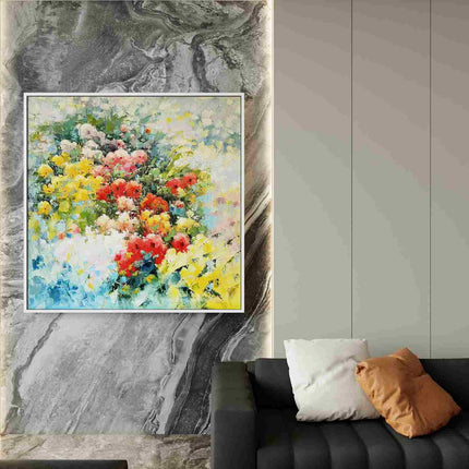 "Bold Floral Abstract Oil Painting - Vibrant Red & Yellow Bouquet - Modern Home Wall Art Decor"