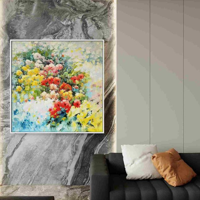 "Bold Floral Abstract Oil Painting - Vibrant Red & Yellow Bouquet - Modern Home Wall Art Decor"