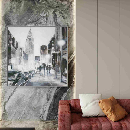 "Moody Impressionist Cityscape Oil Painting - Rainy Urban Streets with Vintage Cars - Modern Abstract Wall Art"