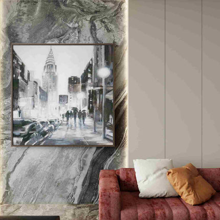 "Moody Impressionist Cityscape Oil Painting - Rainy Urban Streets with Vintage Cars - Modern Abstract Wall Art"