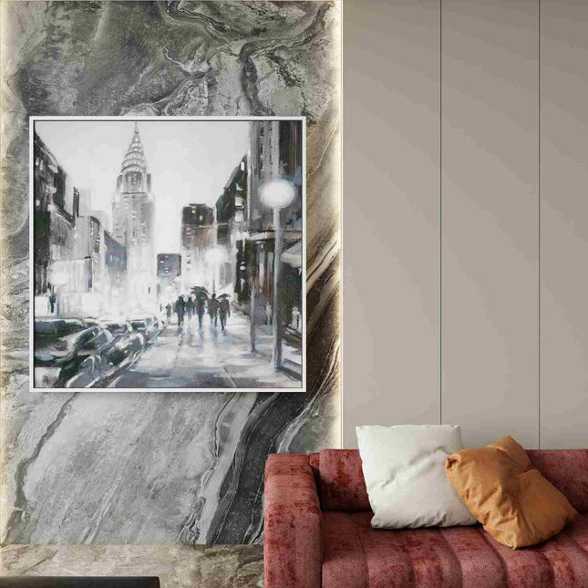 "Moody Impressionist Cityscape Oil Painting - Rainy Urban Streets with Vintage Cars - Modern Abstract Wall Art"