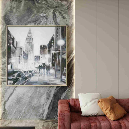 "Moody Impressionist Cityscape Oil Painting - Rainy Urban Streets with Vintage Cars - Modern Abstract Wall Art"
