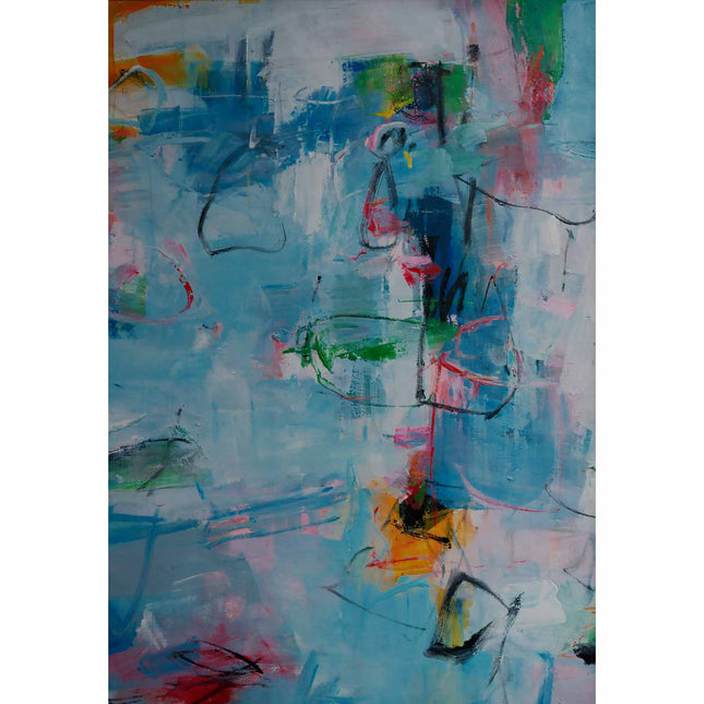 "Handmade Abstract Oil Painting - Vibrant Blue Green Pink Yellow Modern Art for Home & Office Decor"