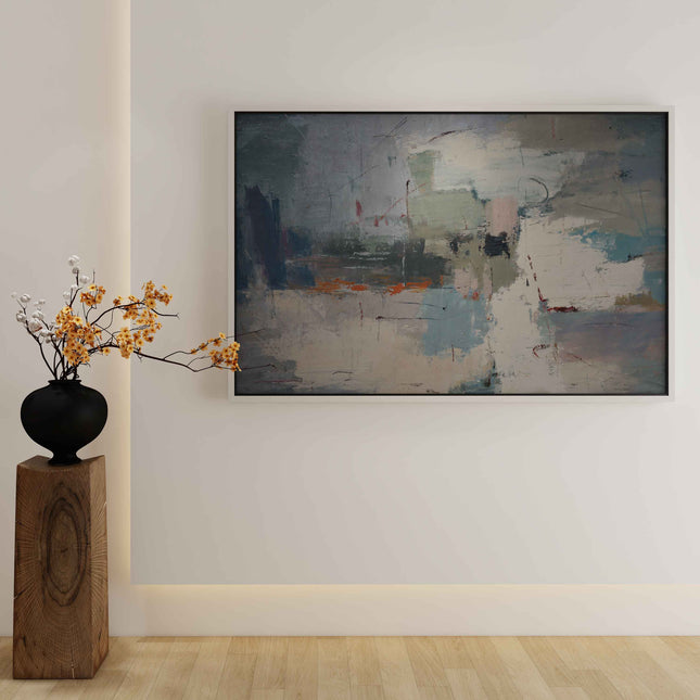 "Emotional Tides" Abstract Oil Painting - Modern Gray & White Canvas Art with Vibrant Blue & Orange Accents
